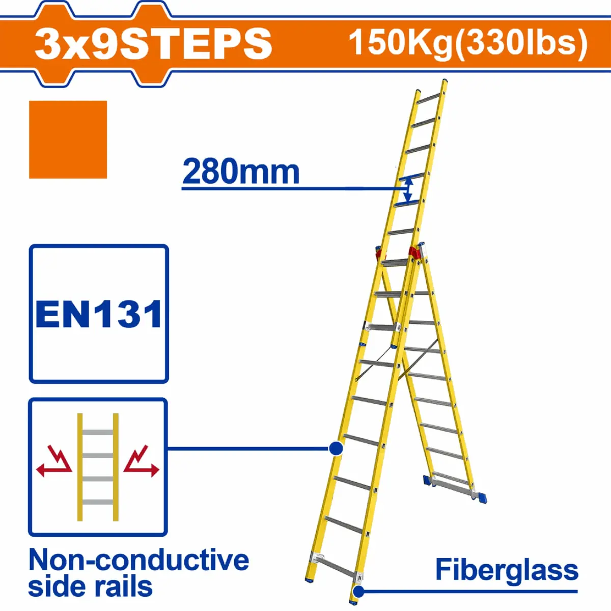 Escalera De Tijera Extensible Fibra De Vidrio Escalones 3X9 Carga Máxima: 150Kg. Altura Escalon: 280Mm. 1