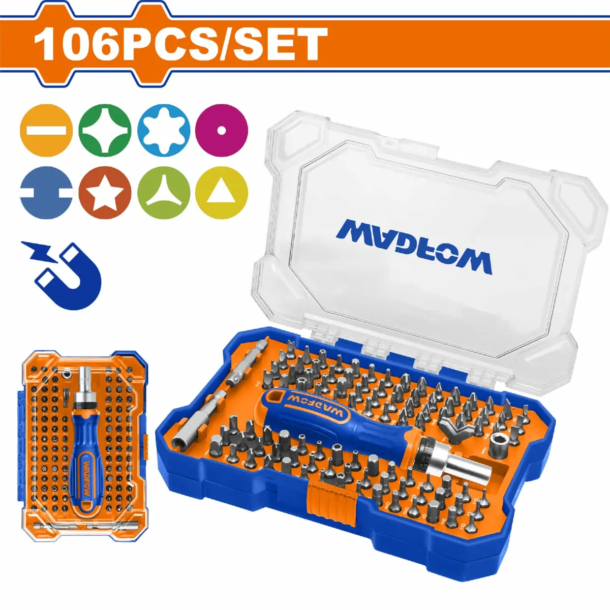 Puntas Para Destornillador Ratchet 1/4″ Incluye Adaptadores, Dados Y Puntas. Cr-V. 106 Pzas. 1