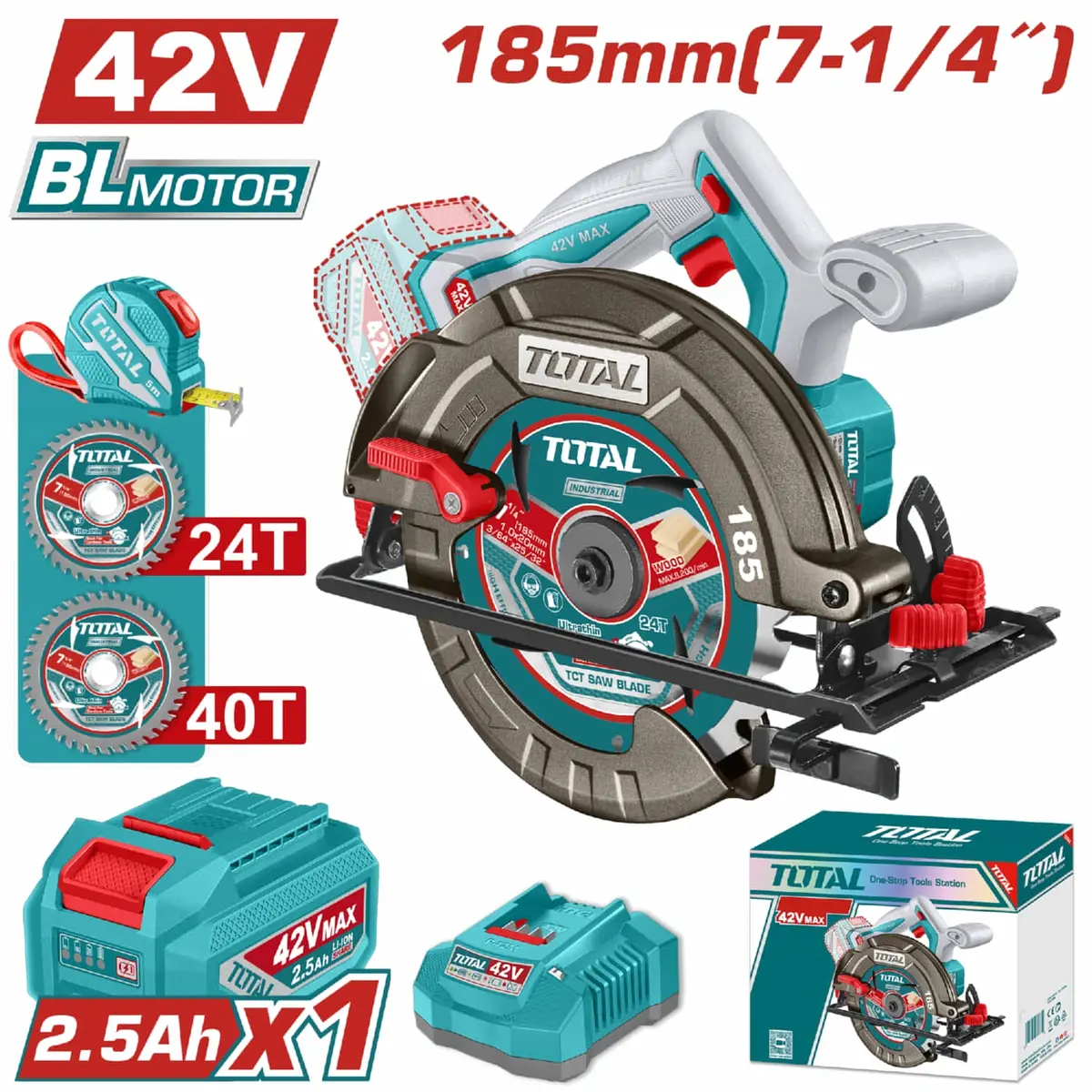 Sierra Circular 42V Disco 7-1/4'' (185Mm) Motor Sin Escobillas.  4800Rpm Corte 45°-45 Mm Y 90°- 65 Mm. Incluye Batería, Cargador Y Accesorios. 1