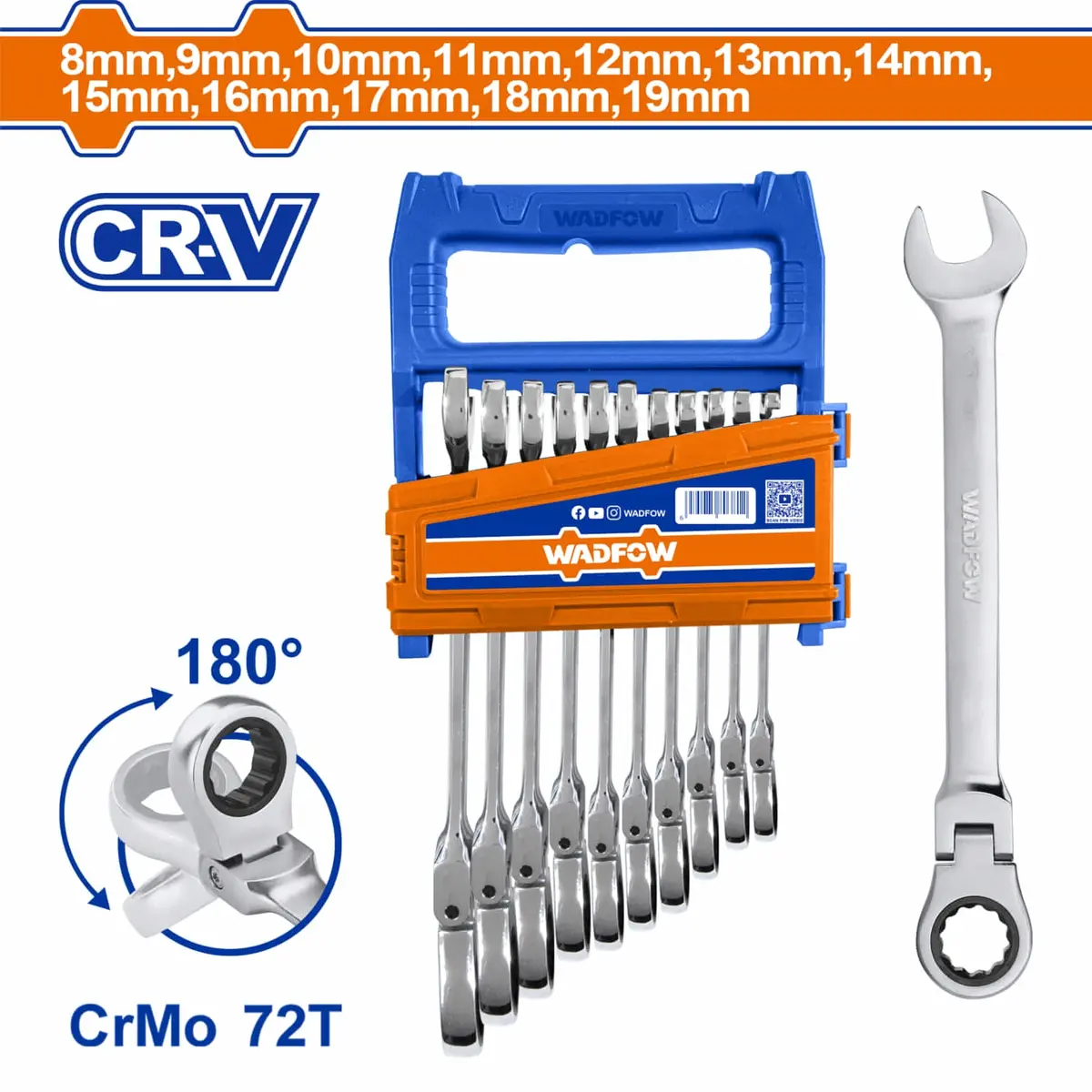 Llaves Combinadas Flexibles Ratchet 12 Pzas 72T 8-19Mm Pulido 180° Cr-V Set 1