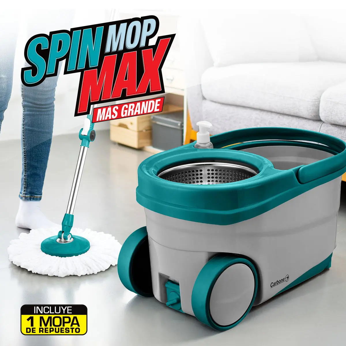 Trapeador Spin & Mop Max Con Tina Giratoria Inoxidable De 9 Litros 1