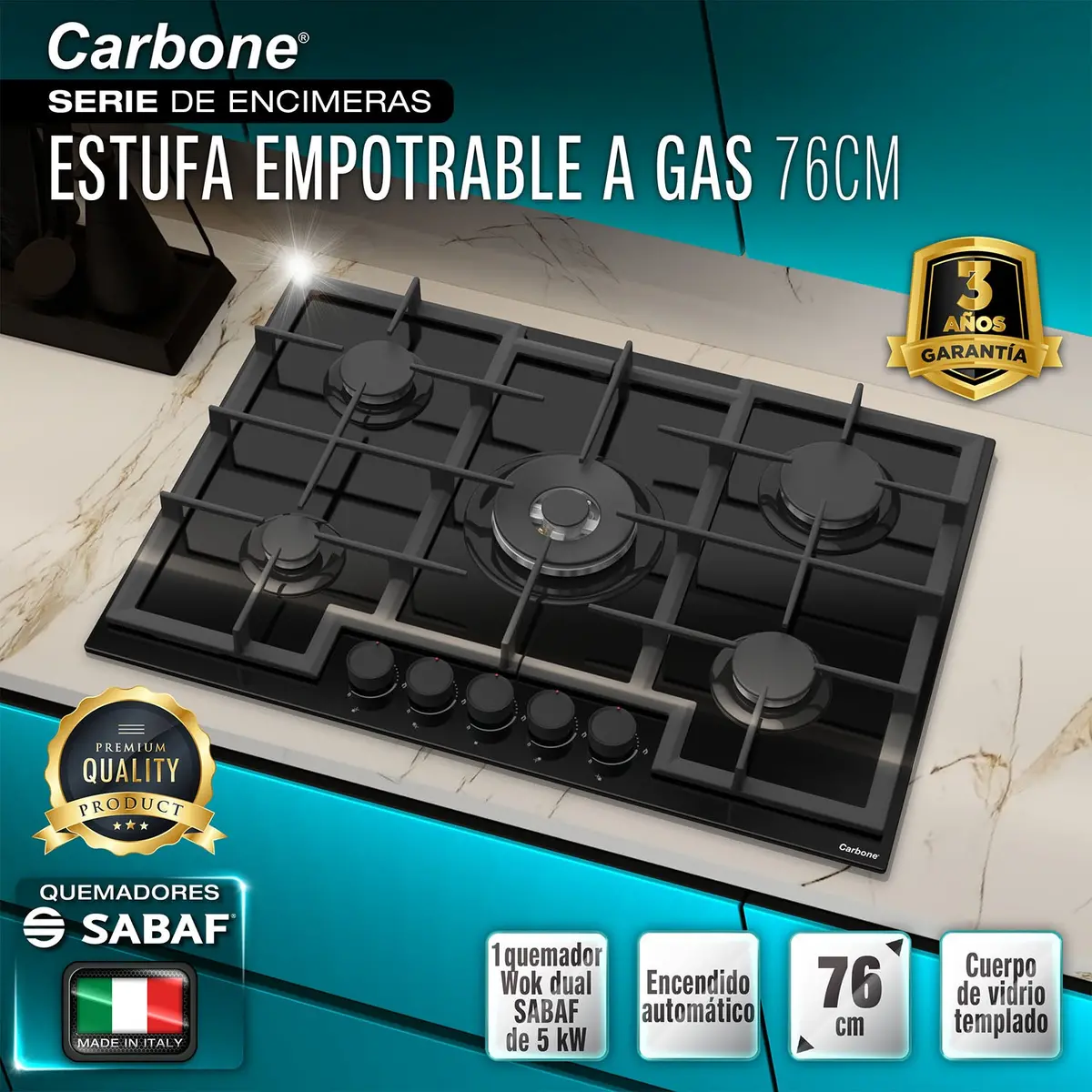 Estufa Empotrable 76 Cm Bl Vidrio Templado Negro, 5 Quemadores Sabaf + Wok 5Kw, 110V 1