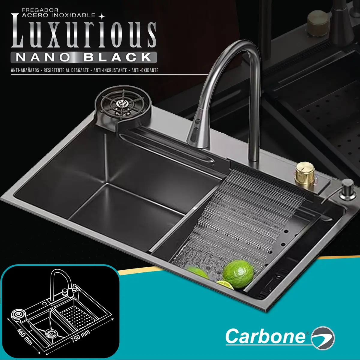 Fregador De Cocina Sencillo Con Accesorios 750X460x220mm Negro Plomo Fregadores Tina De Cocina. 1