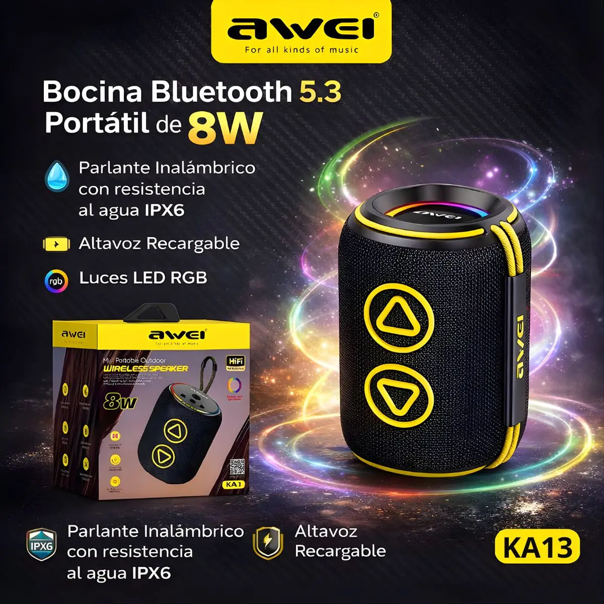 Bocina Bluetooth 5.3 Portátil De 8W. Parlante Inalámbrico Con Resistencia Al Agua Ipx6. Altavoz Recargable Con Luces Rgb. 1