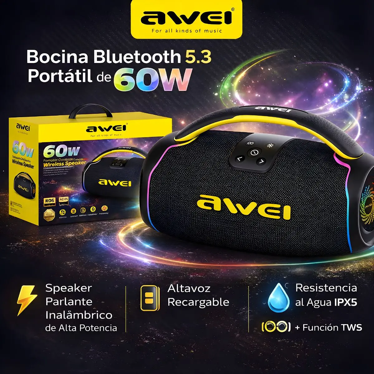 Bocina Bluetooth 5.3 Portátil De 60W. Speaker Parlante Inalámbrico De Alta Potencia. Altavoz Recargable Con Resistencia Al Agua Ipx5 Y Función Tws. 1