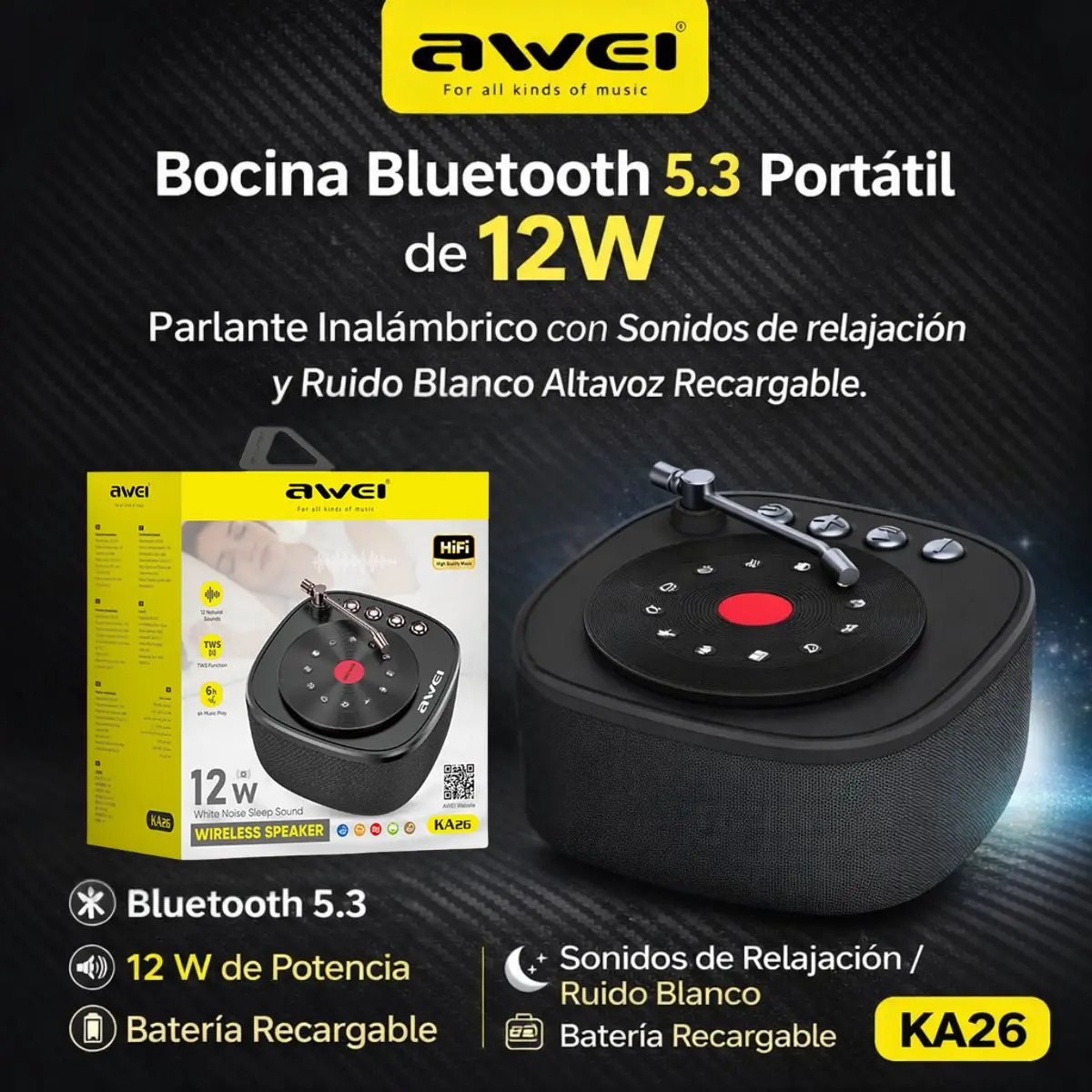 Bocina Bluetooth 5.3 Portátil De 12W. Parlante Inalámbrico Con Sonidos De Relajación Y Ruido Blanco. Altavoz Recargable. 1