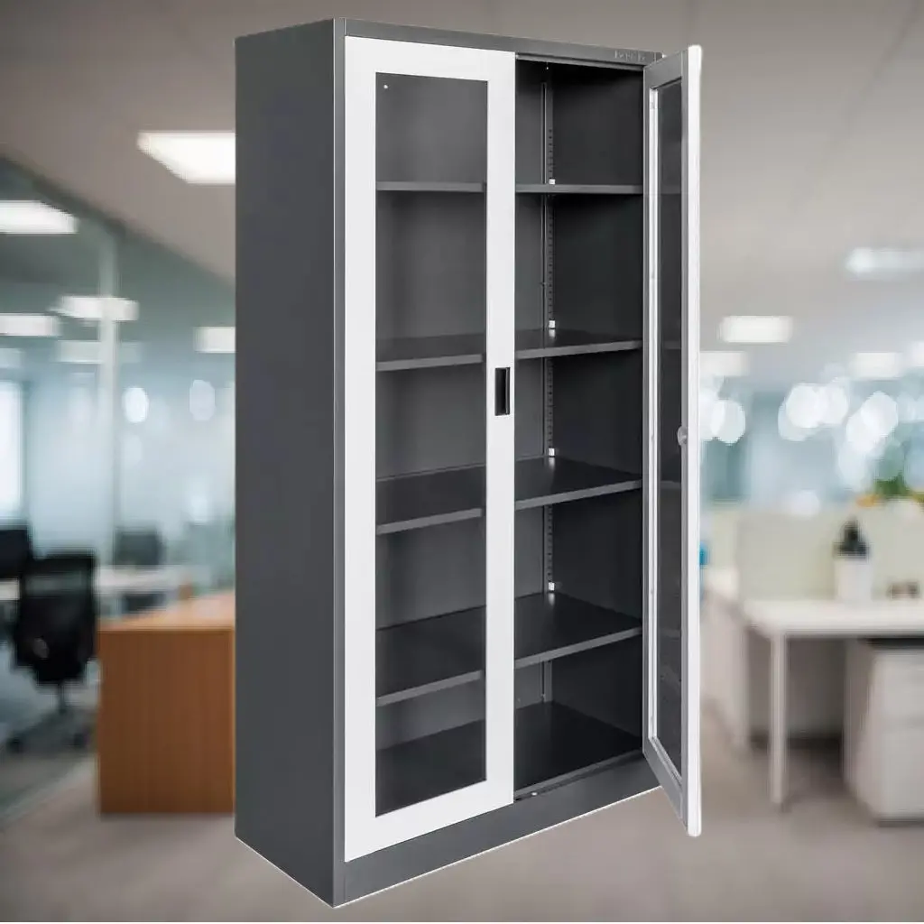Mueble Metalico Gabinete Armado Estructura Plegable Con 4 Estantes Ajustables Doble Puerta De Vidrio  Y Cierre Con Llave 1850X900x400mm 1