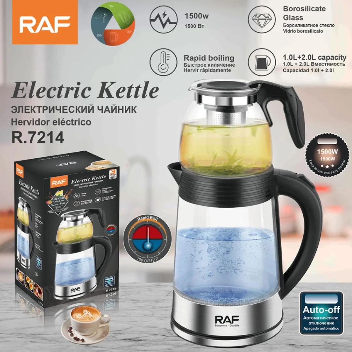 Hervidor Eléctrico De Vidrio 1500W 110V Con Infusor De Té. Capacidad 1L + 2L. Tetera De Vidrio Borosilicato. 1