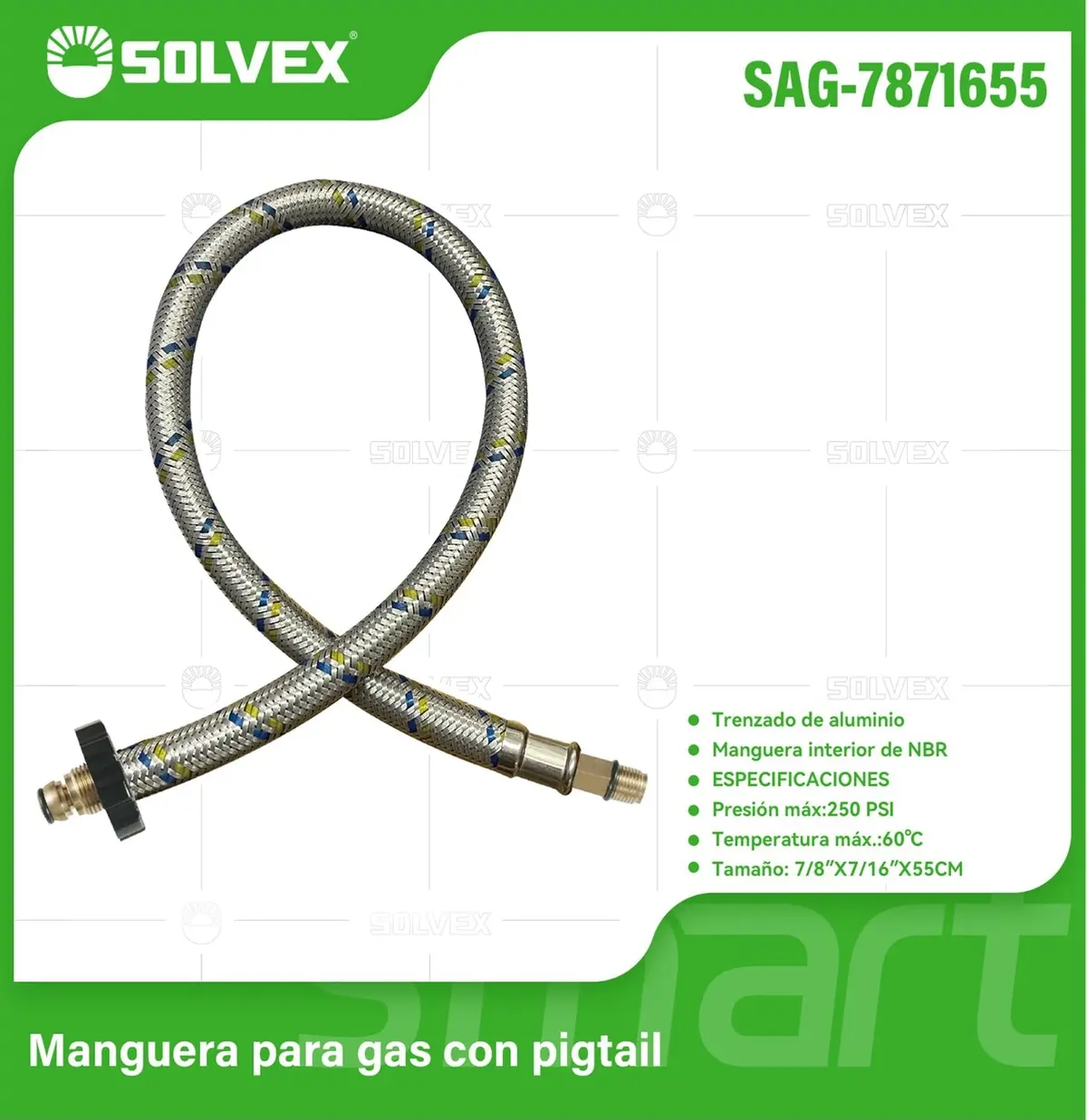 Manguera Para Gas Flexible 55Cm. Tubo De Abasto Trenzado En Aluminio M7/8'' X M7/16''. 1