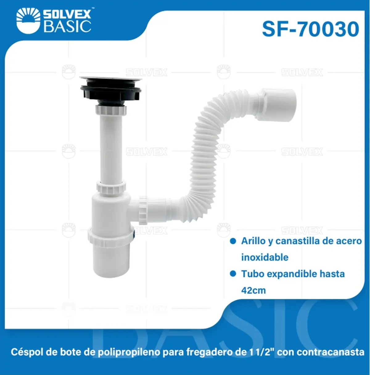 Trampa Sifón De Fregador 1 1/2". Desagüe Con Canastilla De Acero Inoxidable Y Tubo Extensible 42Cm. 1