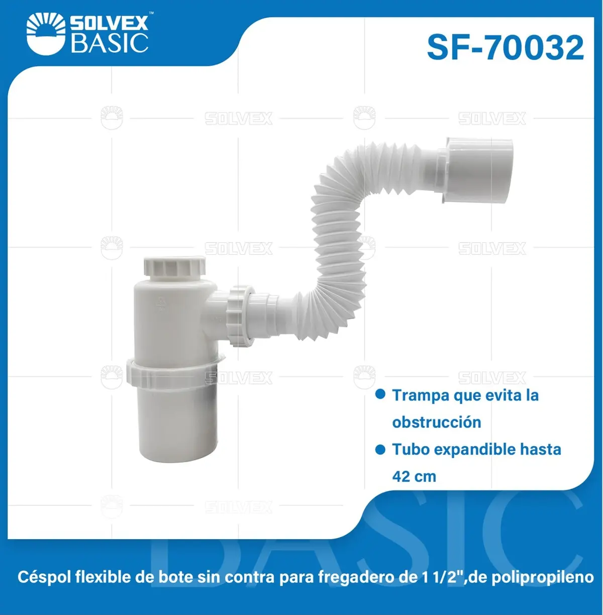 Trampa Sifón Botella Para Fregador 1 1/2". Tubo Flexible Expandible 42Cm. Drenaje Ajustable. 1