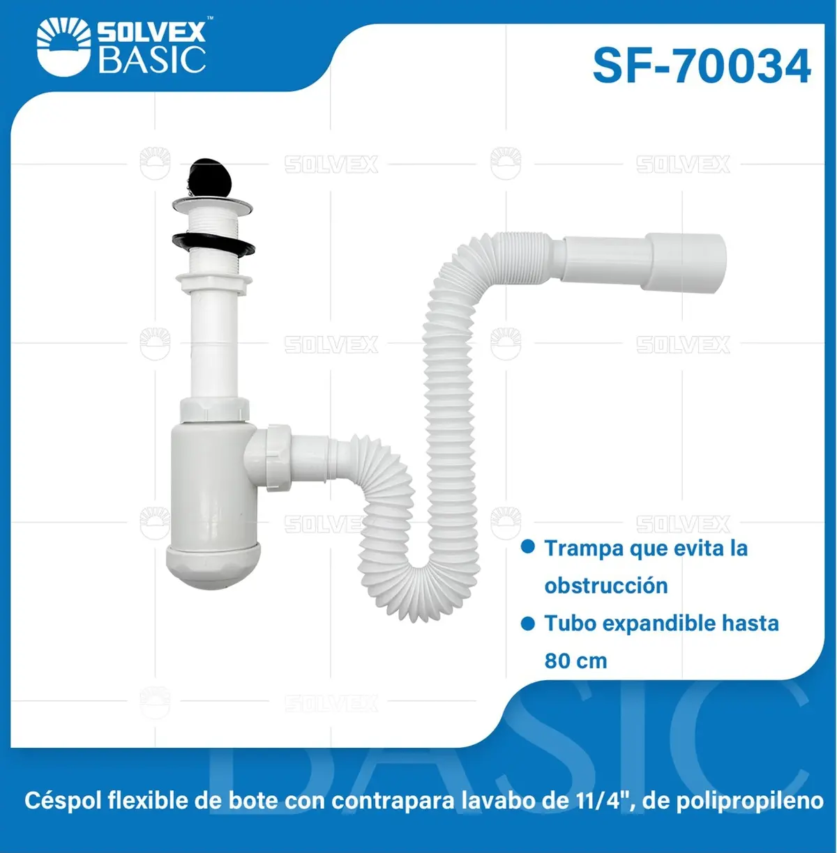 Trampa Sifón Flexible De Lavamanos 1 1/4". Tipo Botella. Tubo Expandible 80Cm. Drenaje Antifugas. 1