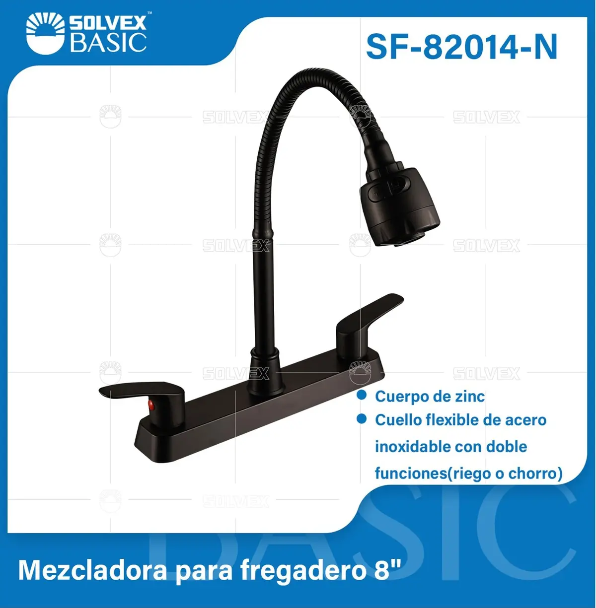 Grifo Mezclador 8" Para Fregador De Cocina. Pluma Llave Negra Con Cuello Flexible Y Doble Función. 1