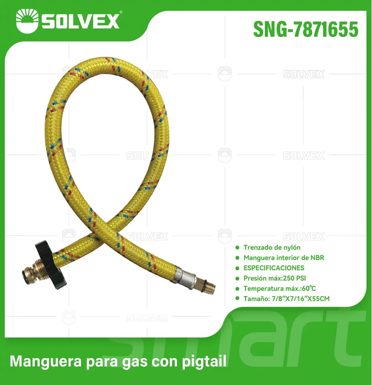 Manguera Para Gas Flexible 55Cm. Tubo De Abasto Trenzado En Nailon Con Conectores Metálicos M7/8'' X M7/16''. 1