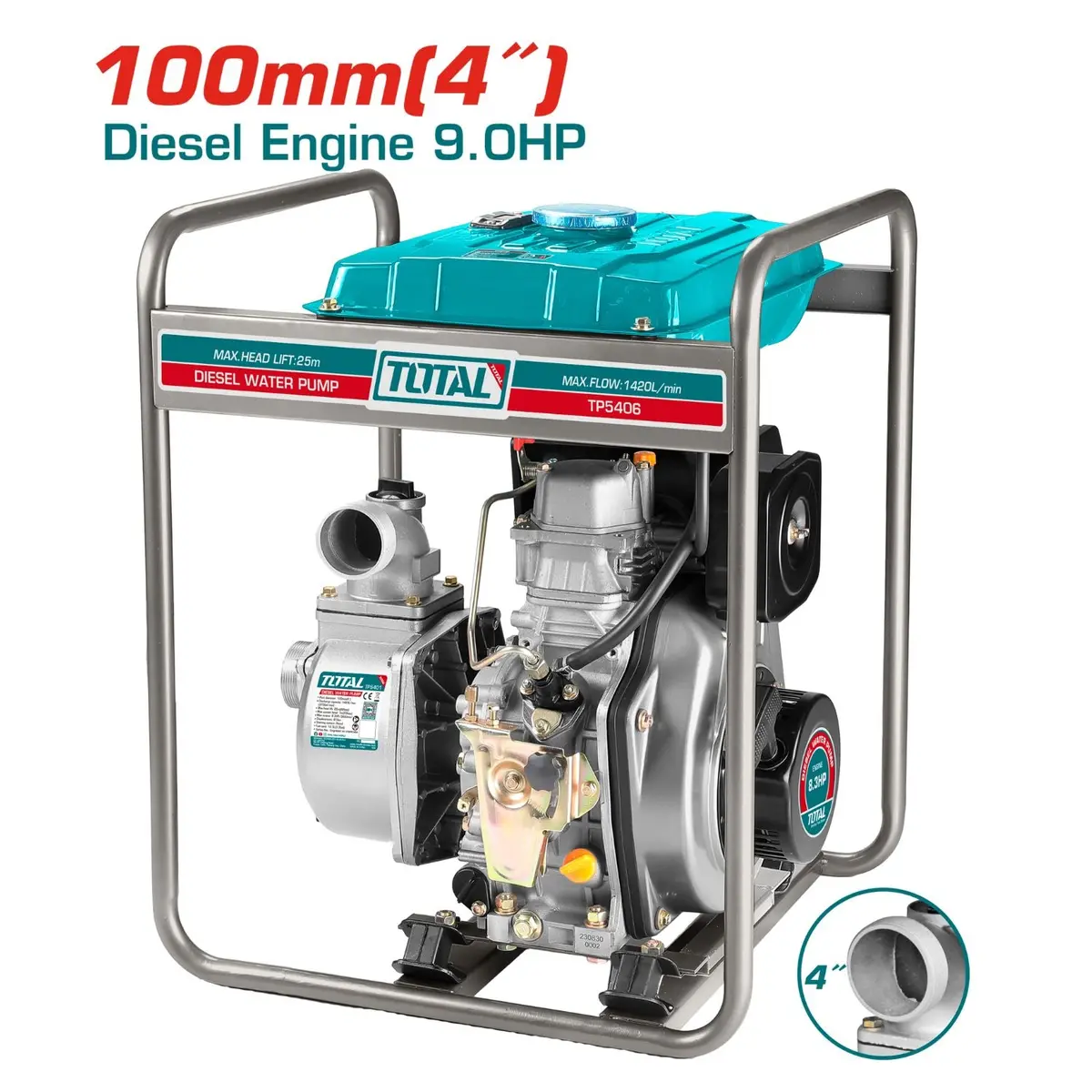 Bomba De Agua Diesel De 4" 1420L/Min Max 25Mts 8.3Hp . Encendido De Cuerda Tanque 12.5L 2