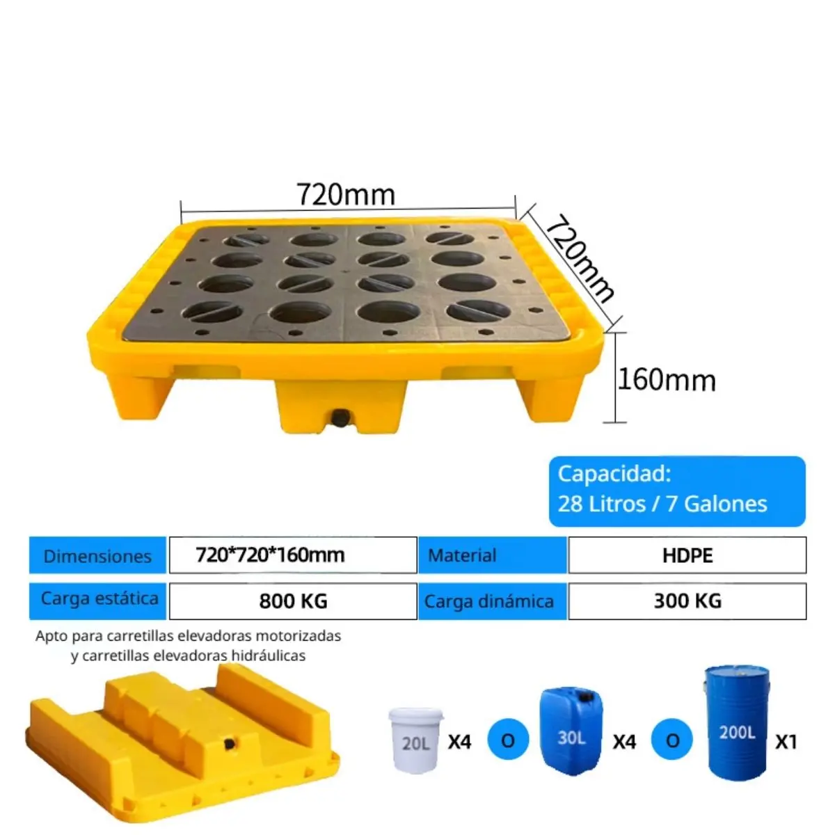 Bandeja De Contención Antiderrames De Hdpe Para 1 Tanque 28.4"X28.4"X6.3" (Cap 7 Gal). Plataforma De Almacenamiento De Pintura Apilable Para Tambores Y Cubos. 2