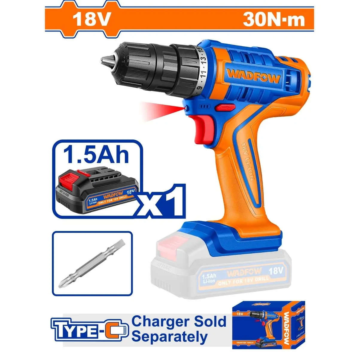 Taladro Drill Inalámbrico De 18V 1/32-3/8" 30Nm Incluye Batería Y Cargador Usb C 1