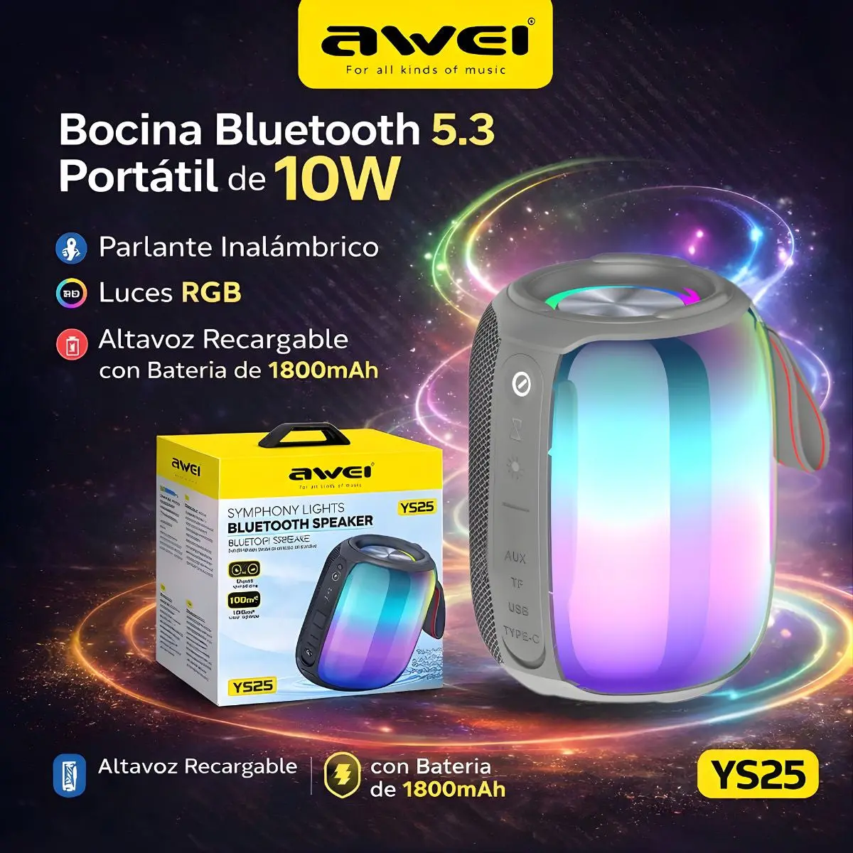 Bocina Bluetooth 5.3 Portátil 10W. Speaker Parlante Inalámbrico Con Luces Rgb. Altavoz Recargable Con Batería De 1800Mah. 1