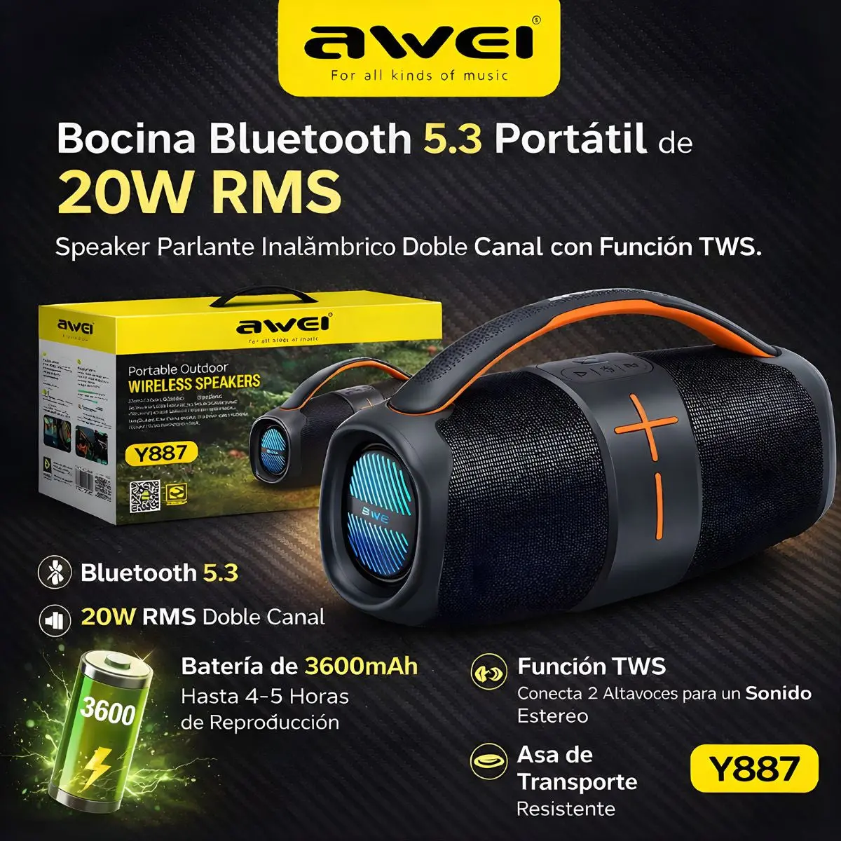 Bocina Bluetooth 5.3 Portátil De 20W Rms. Speaker Parlante Inalámbrico Doble Canal Tws. Altavoz Recargable Con Batería De 3600Mah Y Asa De Transporte. 1