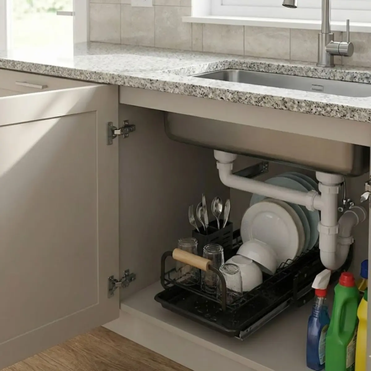 Organizador Escurridor De Platos Deslizable Para Gabinetes De Cocina Color Negro 37X17.5X16cm Hierro. Acabado Duradero. Organizador De Vajillas. 1