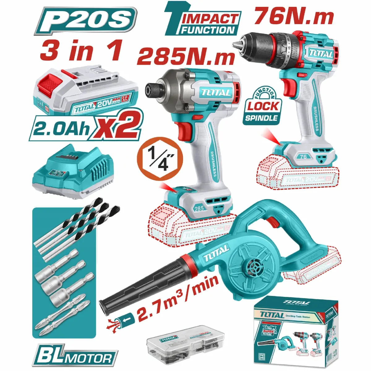 Super Combo Del Mes Total 20V Perforadora De Impacto 76Nm Destornillador 285Nm Sopladora 2.7 M³/Min  Pocas Unidades. 1