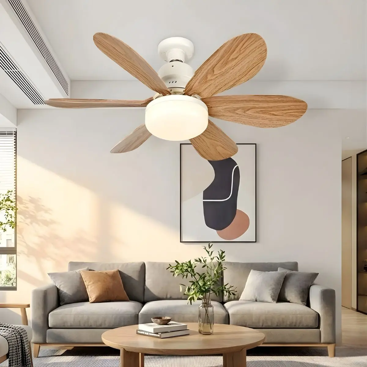 Abanico De Techo 20" Socket E27 Con Luz Led 3 Tonos 3000/4000/6500K, 1900 Lúmenes, 6 Aspas, 3 Velocidades, 520X185mm. Color Madera. 1