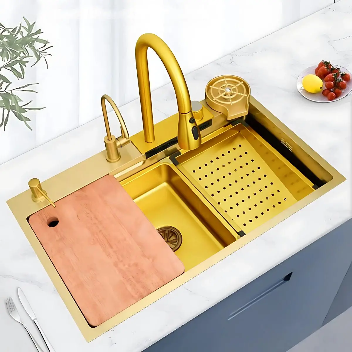 Fregador De Cocina Dorado Multifuncional Con Grifo Extraíble, Cascada Y Lavavasos De Alta Presión. Lavaplatos Con Tabla De Picar 75X45cm. Color Dorado. 1