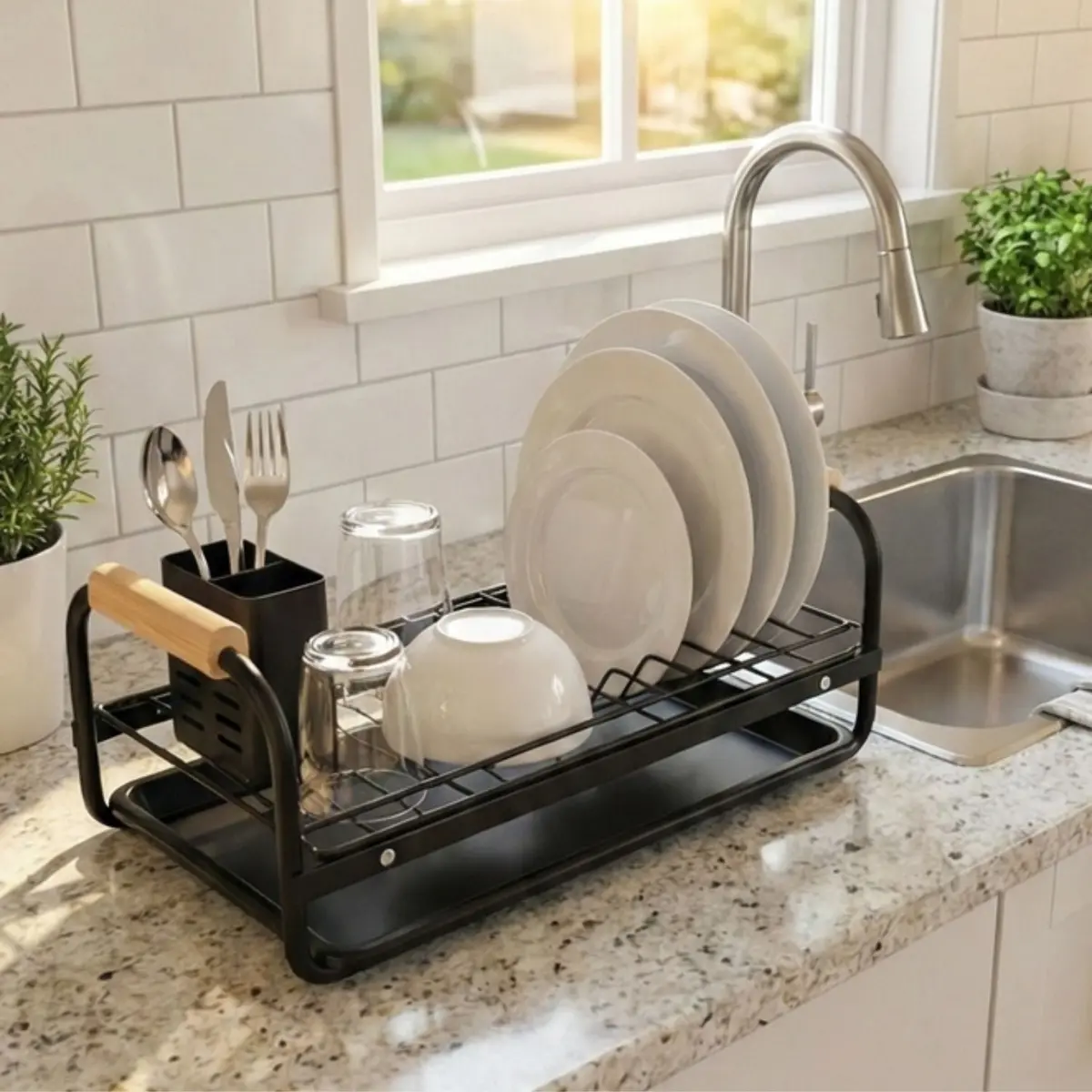Escurridor Organizador De Platos Deslizable Porta Cubiertos Color Negro 37X17.5X16cm Hierro. Para Gabinetes De Cocina Acabado Duradero. Organizador De Vajillas 1