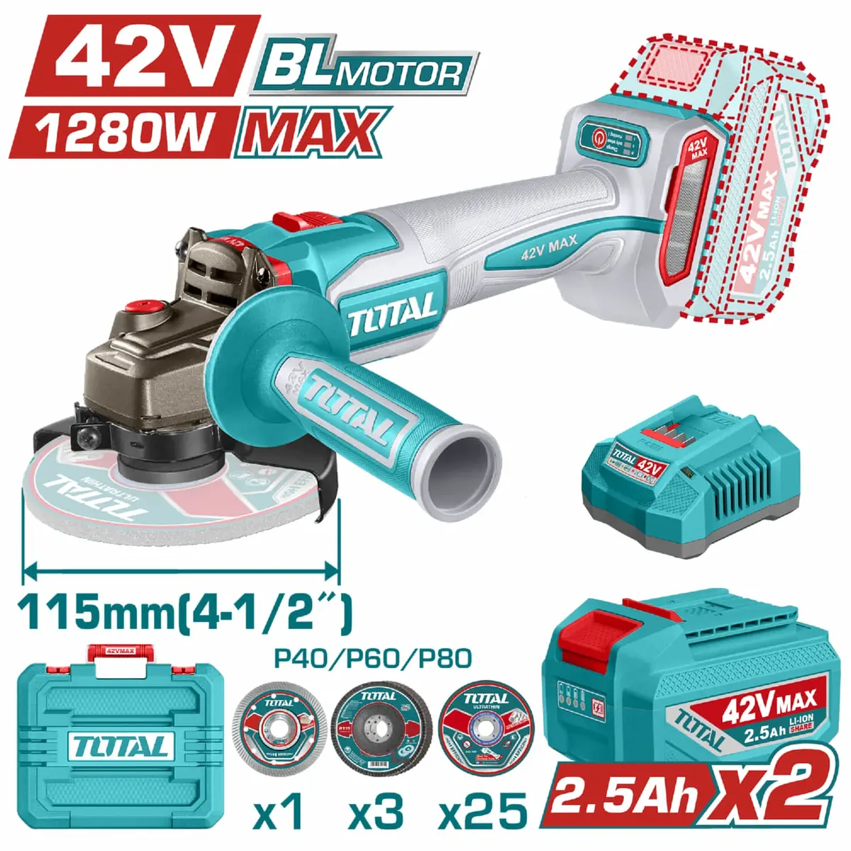 Flexible Esmeriladora Inalámbrica 4 1/2" 42V Potencia De Entrada: 1280W Incluye Discos, Batería, Cargador Y Estuche. Esmeril Angular 1