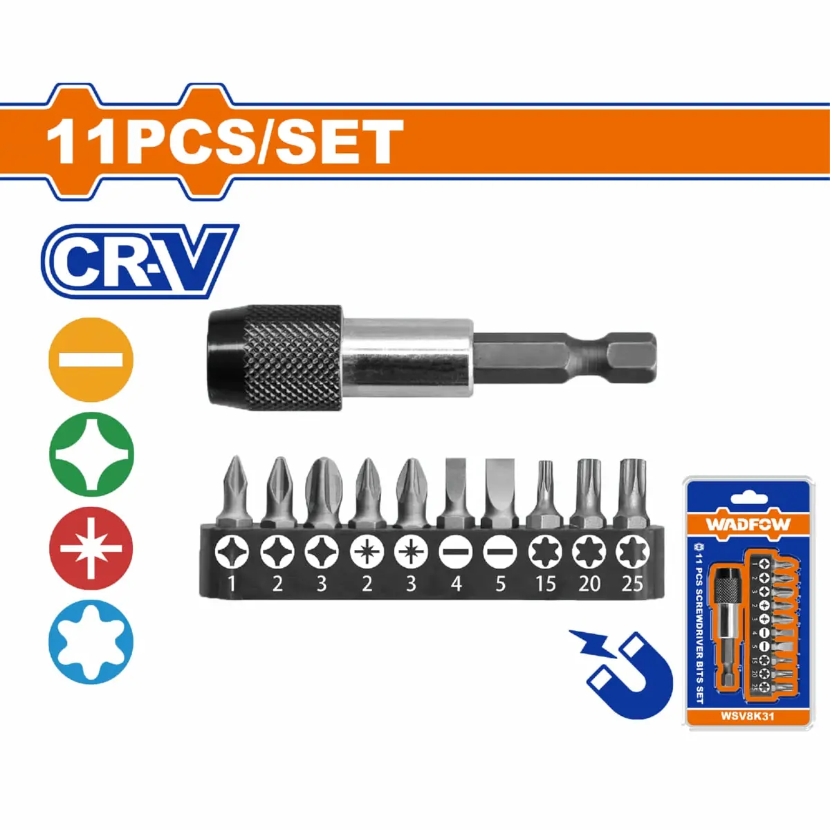 Puntas De Destornillador Con Adaptador Ph, Sl, Pz, T. Cr-V Magnético Adaptador Set 11 Pzas. 1