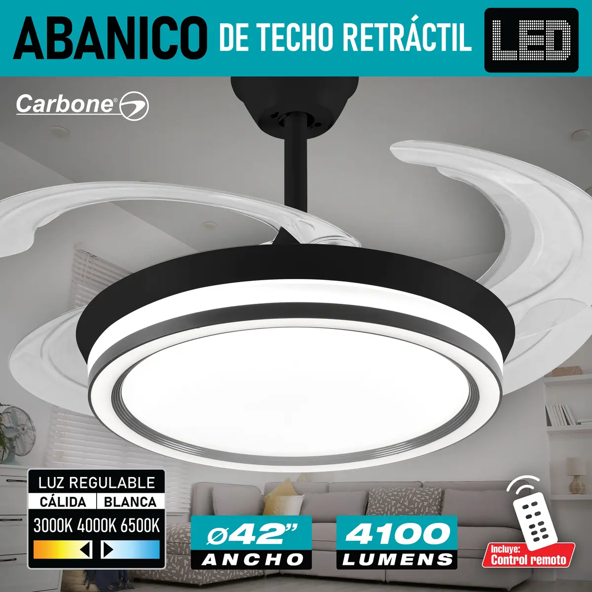 Abanico De Techo Con Lámpara. 3 Tonos De Luz. 42" Ventilador A Control Remoto. Fan 110V Color Negro 1
