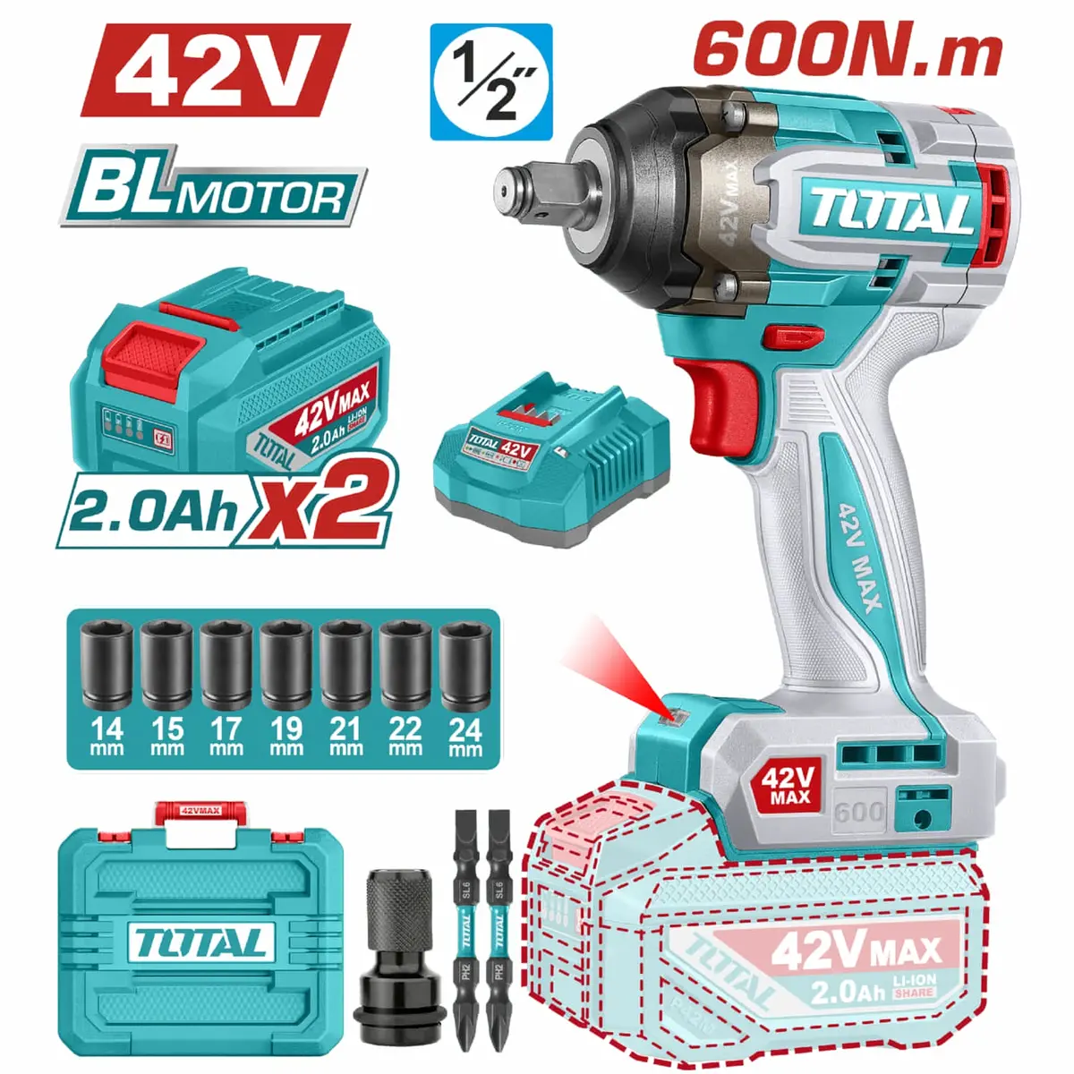 Llave Impacto Dado Cuadrado 42V 1/2" Motor Sin Escobillas. 600Nm Incluye 2 Baterías Y Cargador. Super Total 1