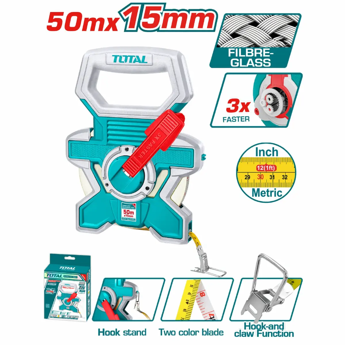 Cinta Métrica De Fibra De Vidrio 50 Mts X 12.5 Mm. Métrico Y Pulgadas. Auto Enrollable 3:1 1