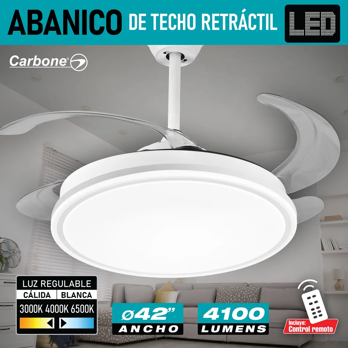 Abanico De Techo Con Lámpara. 3 Tonos De Luz. 42" Ventilador A Control Remoto. Fan 110V Color Blanco 1