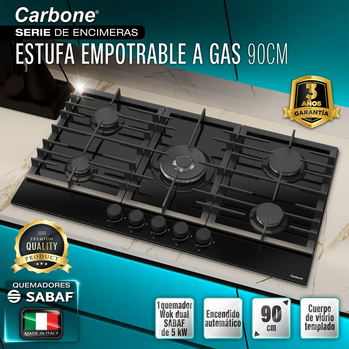 Estufa Empotrable 90 Cm Be Vidrio Templado Negro, 5 Quemadores Sabaf + Wok 5Kw, 110V 1