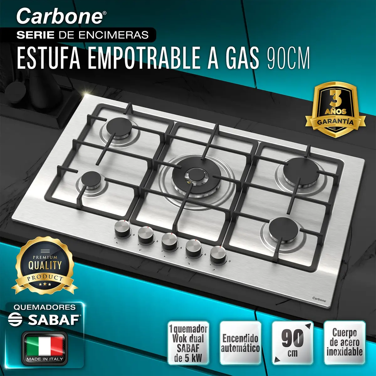 Estufa Empotrable 90 Cm Elite  5 Quemadores Sabaf + Wok 5Kw, Acero Inoxidable, 110V 1