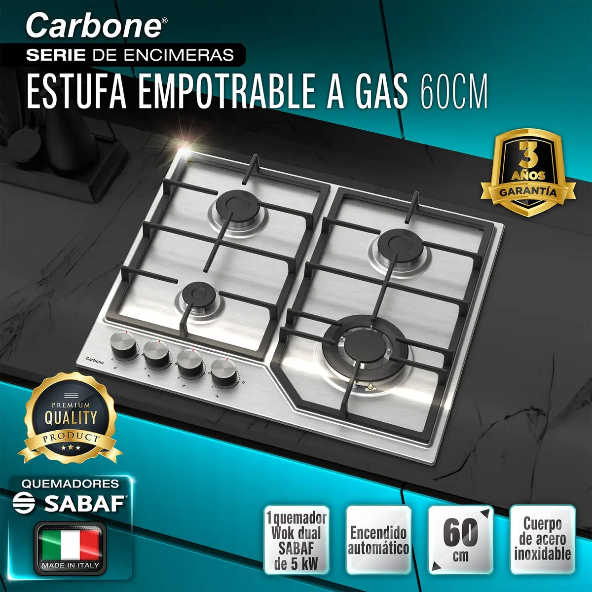 Estufa Empotrable A Gas 60 Cm 3 Quemadores Y 1 Wok Dual 5Kw, Acero Inoxidable 110V 1