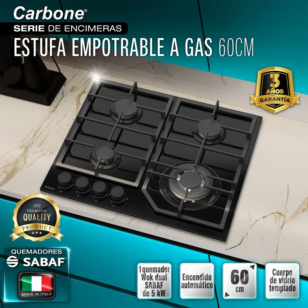 Estufa Empotrable 60Cm De Vidrio Templado Negro, 4 Quemadores Gas Sabaf Y 1 Wok 5Kw 110V 1