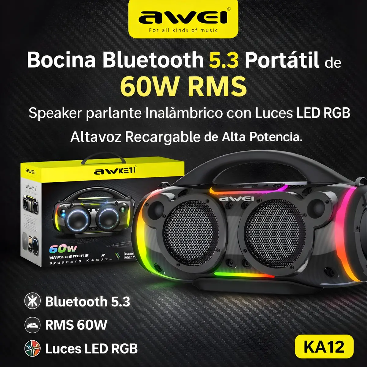 Bocina Bluetooth 5.3 Portátil De 60W Rms. Speaker Parlante Inalámbrico Con Luces Led Rgb. Altavoz Recargable De Alta Potencia. 1