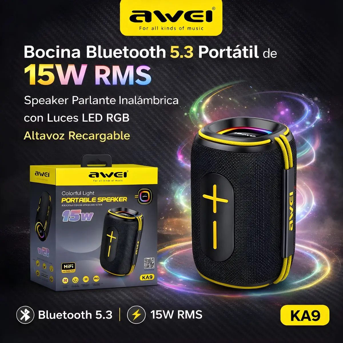 Bocina Bluetooth 5.3 Portátil De 15W Rms. Speaker Parlante Inalámbrica Con Luces Led Rgb. Altavoz Recargable. 1