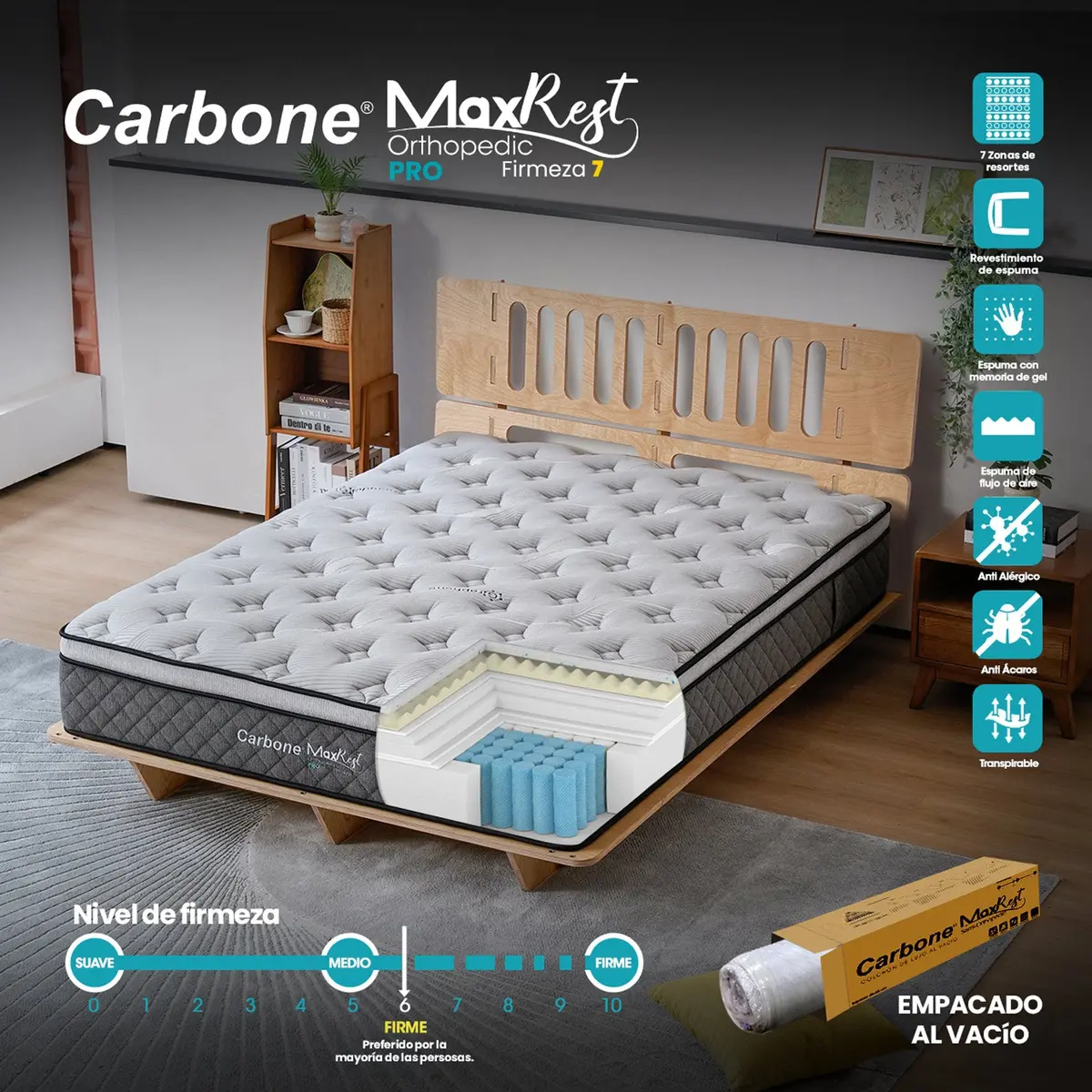 Colchones Ortopédicos Firmeza 7 Carbone Max Rest Empacados Al Vacío Pillow Top Colchón Calidad Hotelera Memory Foam Con Resortes 35Cm Espesor (13.7") 1