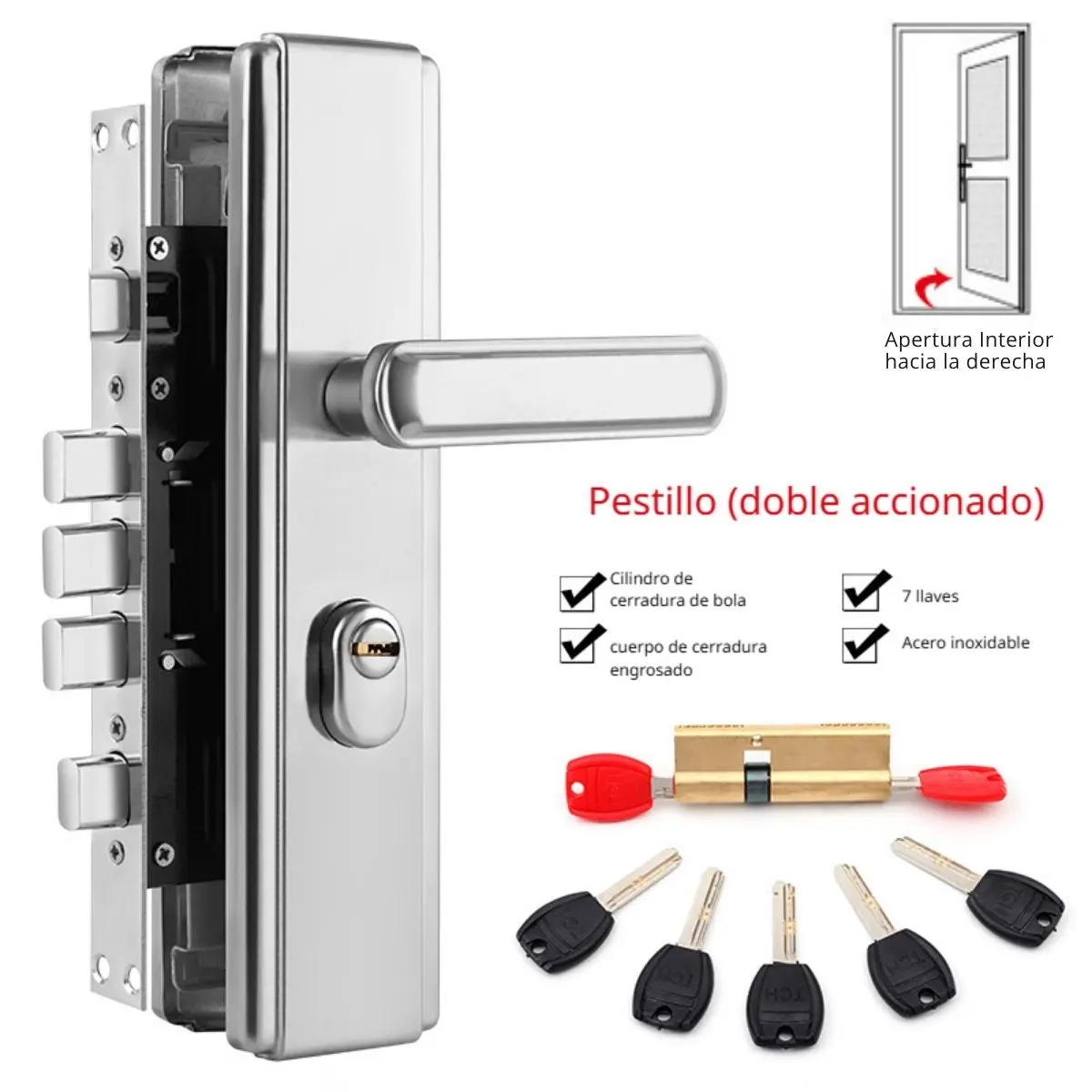 Cerradura De Seguridad Antirrobo De Acero Inoxidable Con Pestillo Cuadrado Doble Accionado Para Puertas De 45-55 Mm. Incluye 7 Llaves. 2