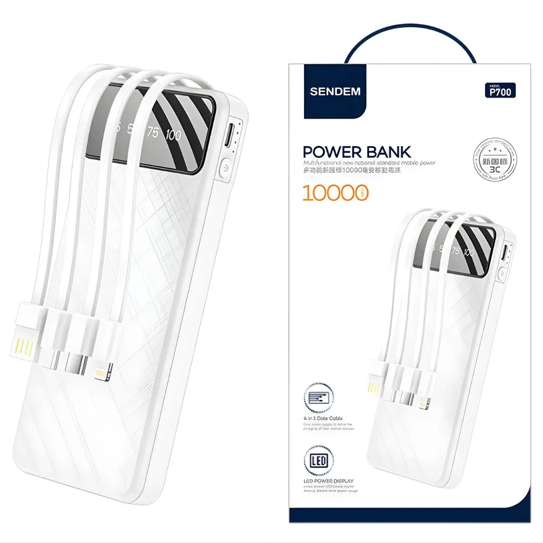 Power Bank 10000 Mah Con Cables Integrados. Compatible Con Tipo-C, Micro Usb Y Lightning. Batería Cargador Portátil Para Celulares. 1