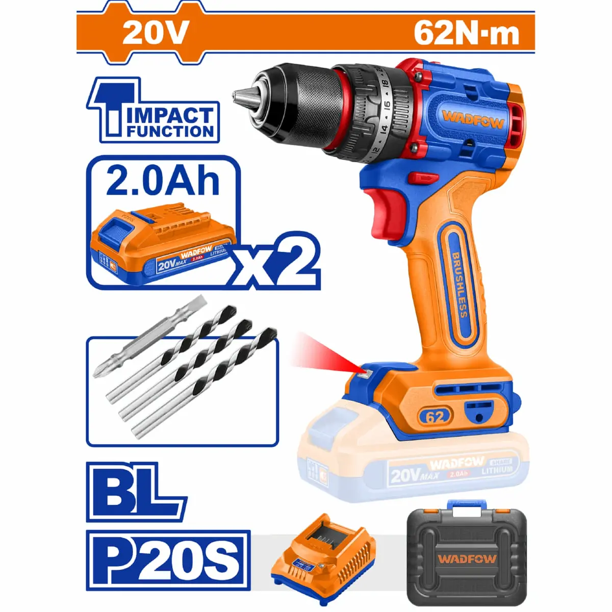Drill Taladro Inalámbrico ½” 20V 62Nm 30,000Bpm Motor Sin Escobillas. Incluye Batería 2.0Ah Y Cargador. 1