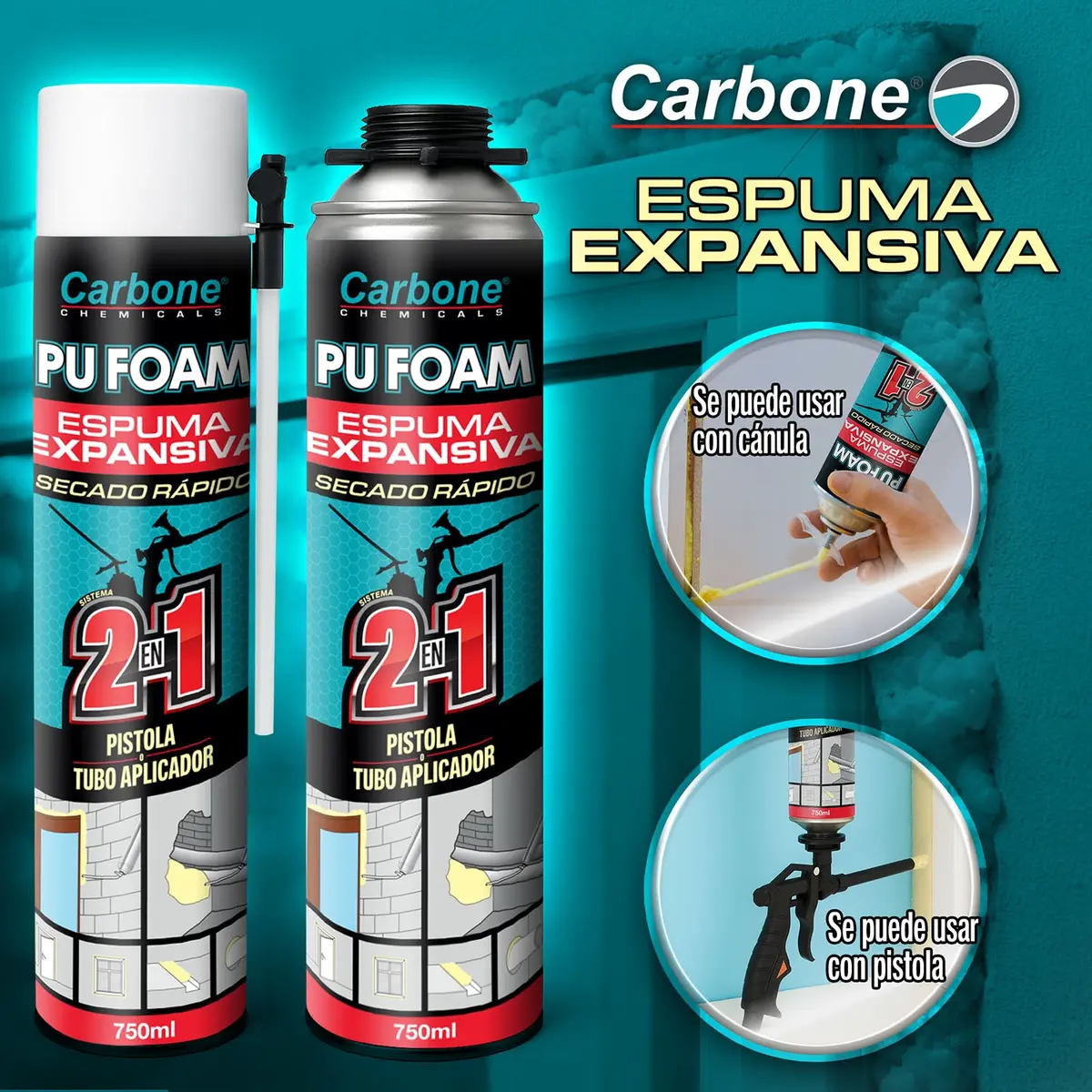 Espuma Expansiva Pu Foam Carbone 750 Ml. Curado En 24 Horas. Boquilla Dual De Rosca Para Pistola Y De Tubo Aplicador Manual 2 En 1 1