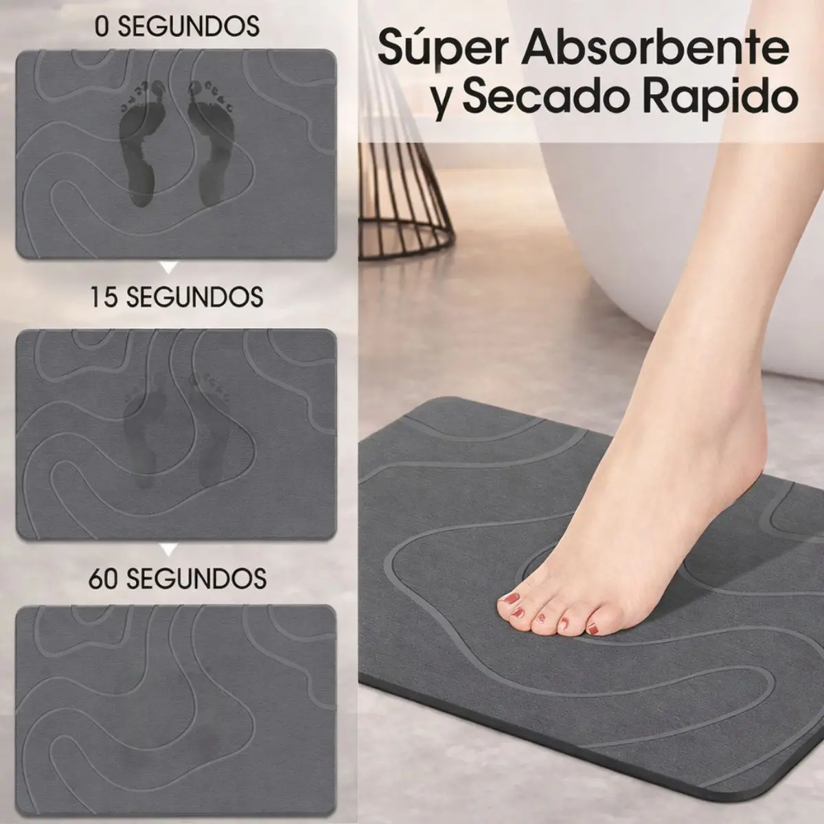 Alfombra De Baño De Diatomeas Super Absorbente Antideslizante. Tapete Baño De Secado Rápido. Color Gris 60X39cm 1