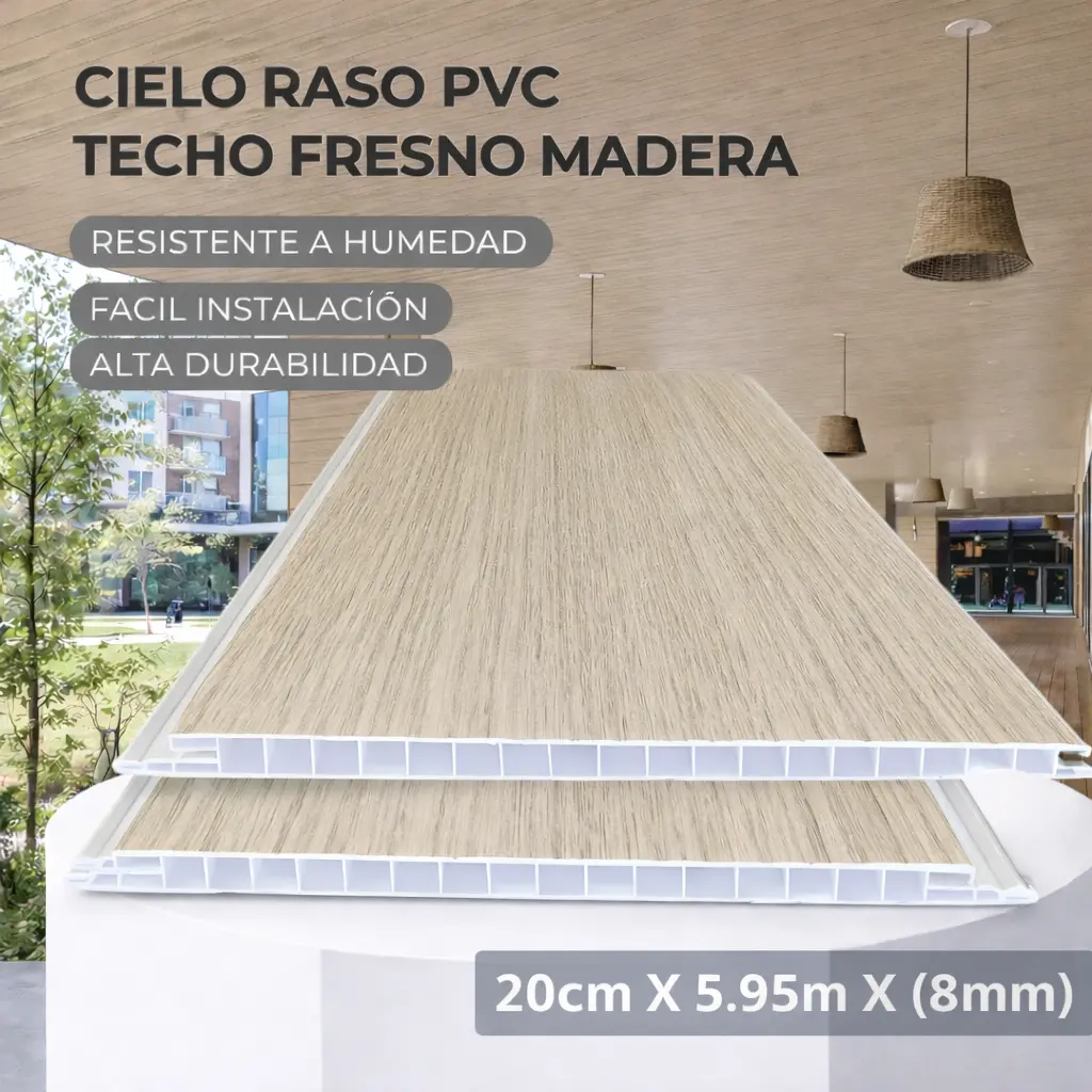 Cielo Raso Pvc Techo Fresno Madera Panel 20Cm X 8Mm X 5.95M Resistente A Humedad Fácil Instalación Alta Durabilidad 1