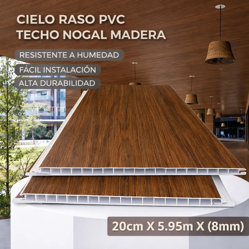 Cielo Raso Pvc Techo Nogal Madera Panel 20Cm X 8Mm X 5.95M Resistente A Humedad Fácil Instalación Alta Durabilidad 1