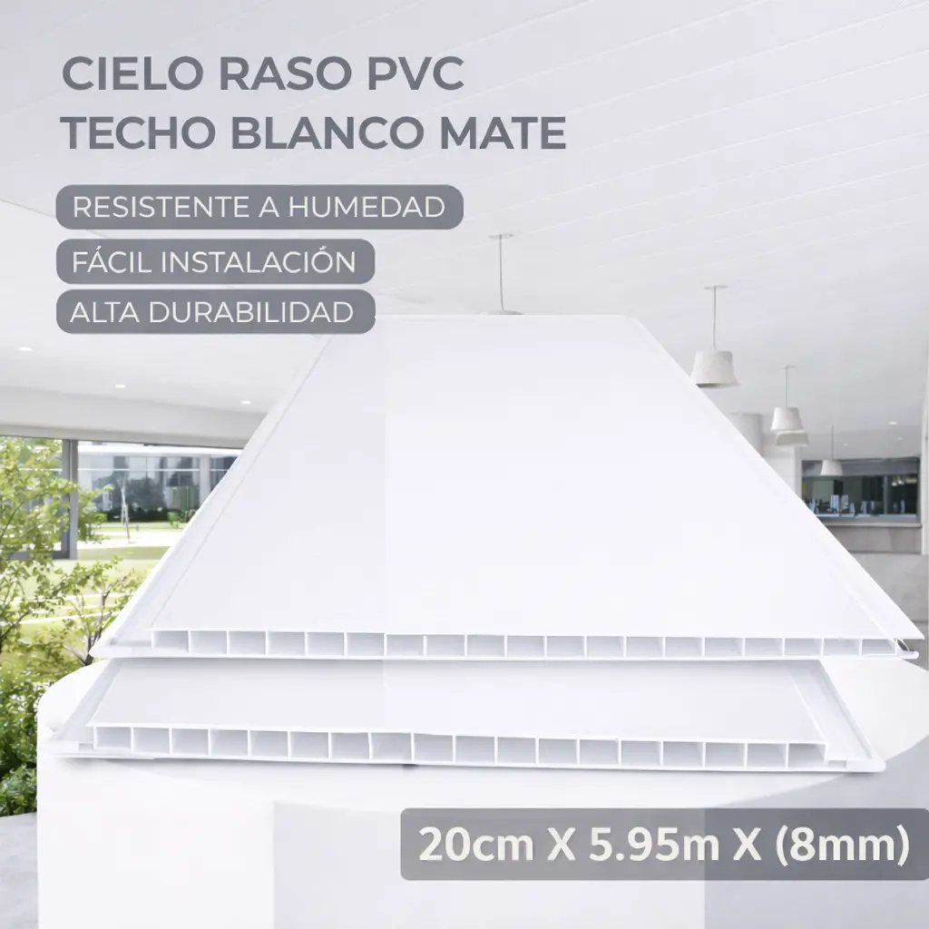 Cielo Raso Pvc Techo Blanco Mate Panel 20Cm X 8Mm X 5.95M  Resistente A Humedad Fácil Instalación Alta Durabilidad 1
