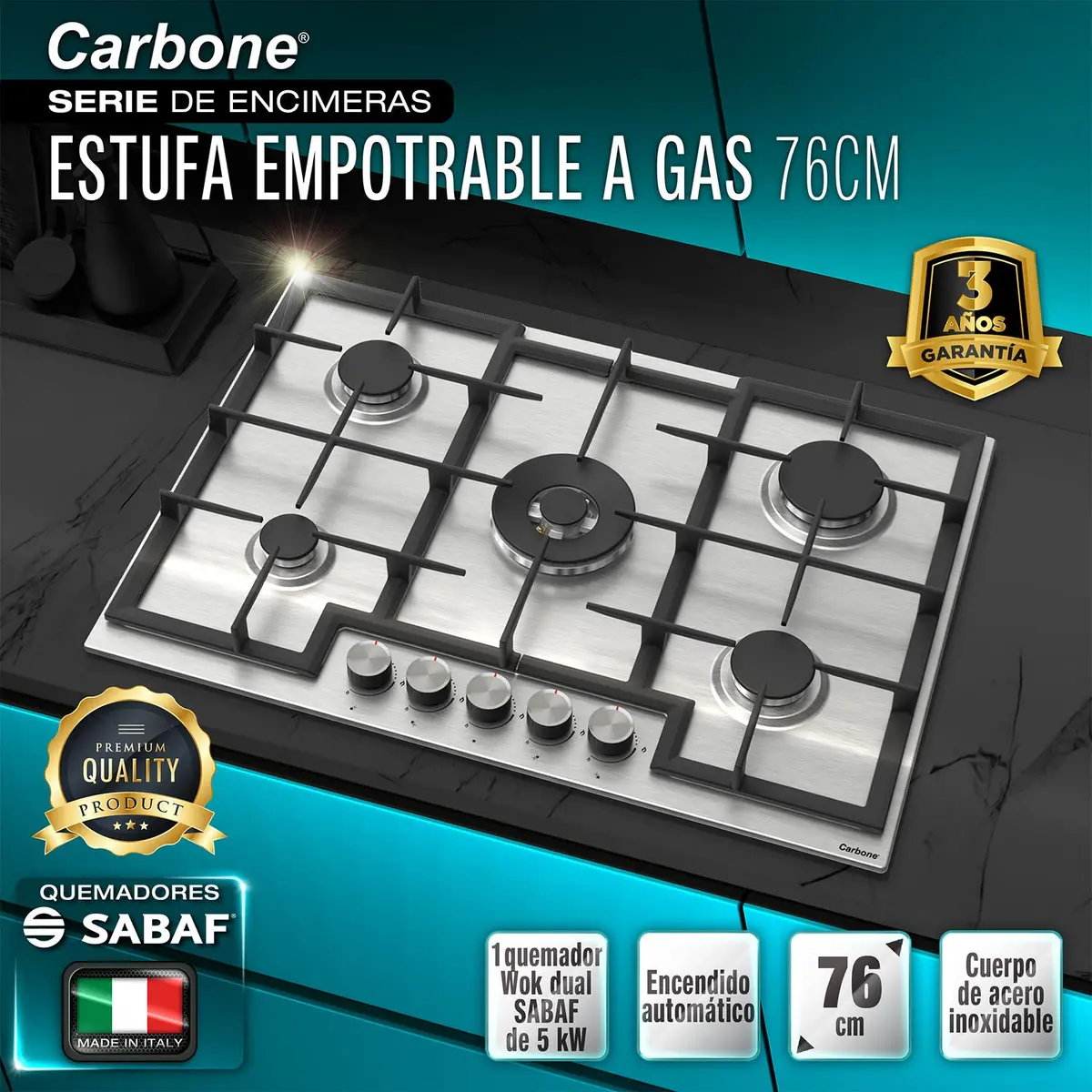 Estufa Empotrable 76 Cm Bl 5 Quemadores Sabaf + Wok 5Kw, Acero Inoxidable, 110V 1